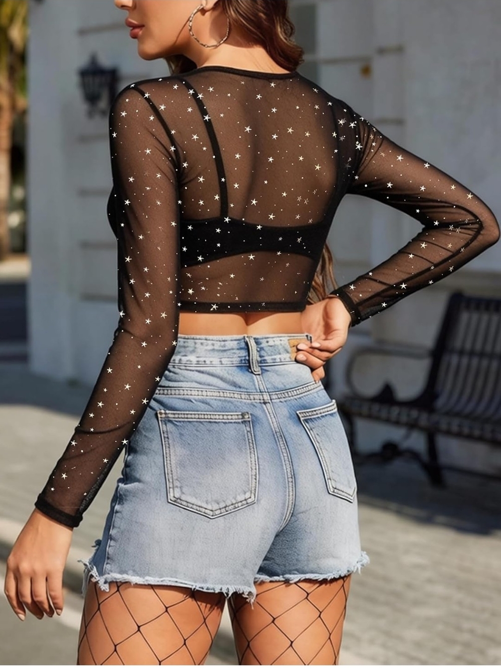 Sheer Star Mesh Long Sleeve Crop Top - Black XS-4X - Picture 2 of 4